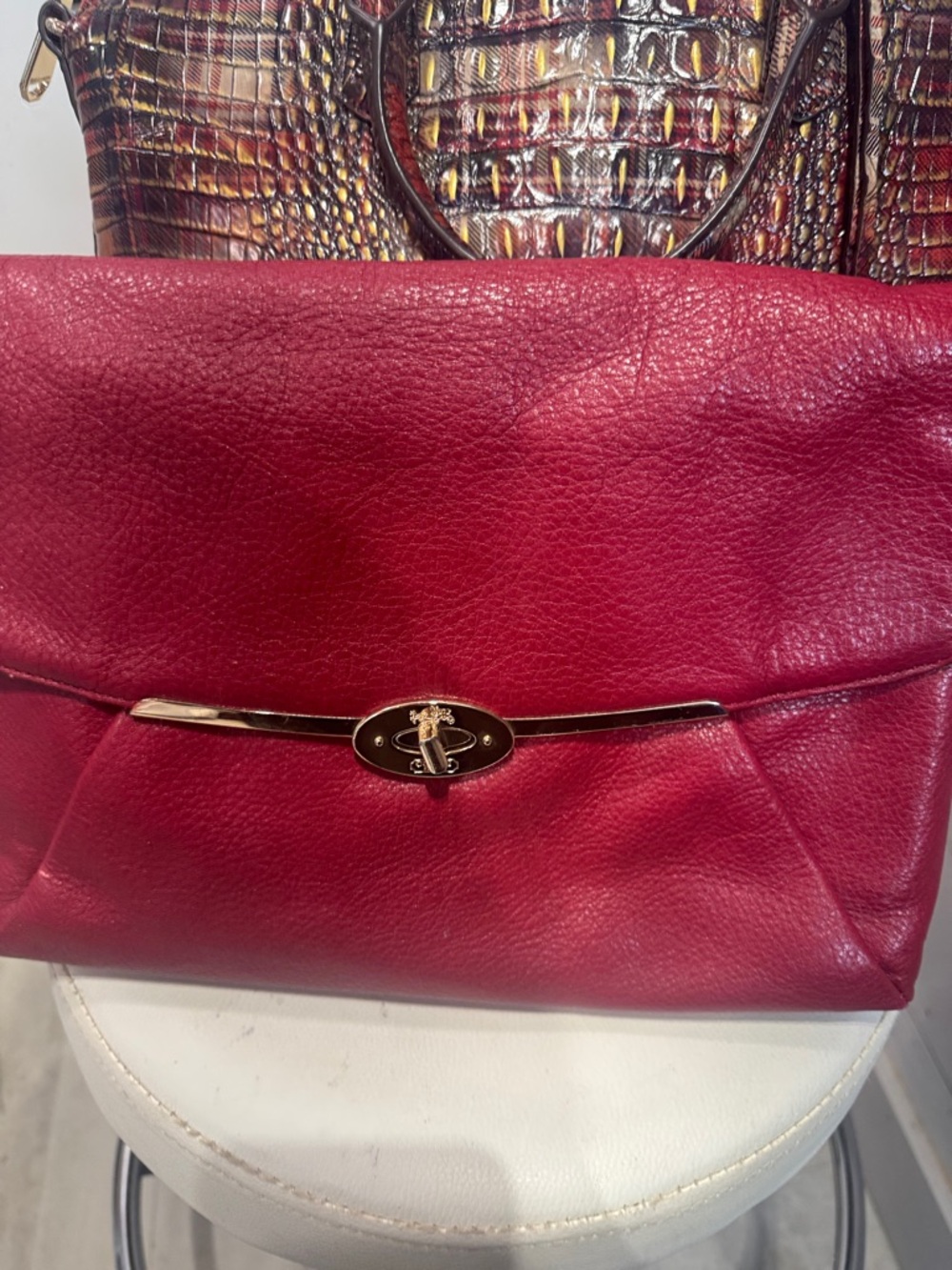 Coach Red Leather Clutch with Gold Bar Detail